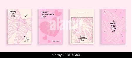 Set mit Coquette-Grußkarten zum Valentinstag. Handgezeichnete skurrile Rahmen mit eleganten Schleifen und Bändern. Vorlage für Poster, BA Stock Vektor