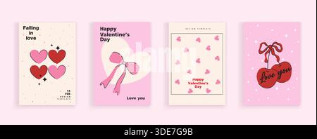 Set mit Coquette-Grußkarten zum Valentinstag. Handgezeichnete skurrile Rahmen mit eleganten Schleifen und Bändern. Vorlage für Poster, BA Stock Vektor