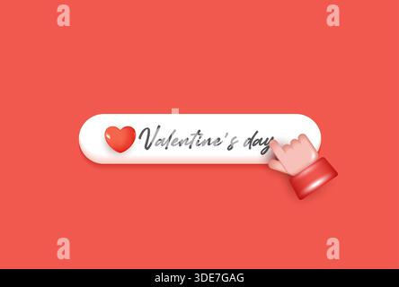 Niedliche Valentinstag-Taste mit rotem Herz-Symbol und Hand-Cursor-Klick, minimale 3D-Illustration auf pastellfarbenem Hintergrund, Liebeskonzept für UI, Webbanner, Stock Vektor
