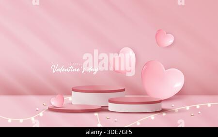 Rosafarbene Podium-Hintergrundprodukte für valentinstag in Love-Plattform. Stellen Sie sich auf, um kosmetische und handwerkliche Art zu zeigen. Symbole der Liebe zum Glück. Stock Vektor