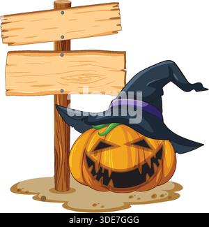 Cartoon Halloween Kürbis mit Hexenhut neben einem leeren hölzernen Vektor. Stock Vektor