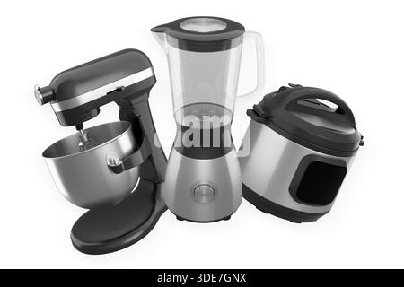 Moderne Küchengeräte einschließlich Mixer, Standmixer und Multi-Herd isoliert auf weißem Hintergrund für Kochkonzept. Stockfoto