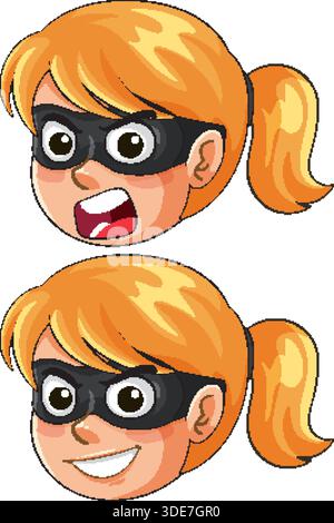 Vektor-Illustration der maskierten Frau mit Pferdeschwanz, zeigt wütende und lächelnde Karikaturausdrücke Stock Vektor