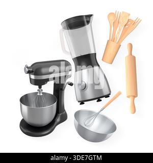Küchengeräte und -Utensilien einschließlich Standmixer, Mixer und Holzwerkzeuge, isoliert auf weißem Hintergrund, Konzept der Backwerkzeuge Stockfoto