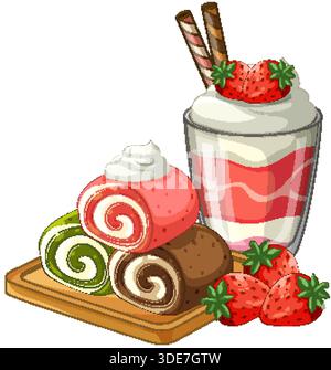 Vektor-Illustration von bunten Kuchenrollen auf einem Holzbrett mit einem mehrschichtigen Erdbeerparfait Stock Vektor
