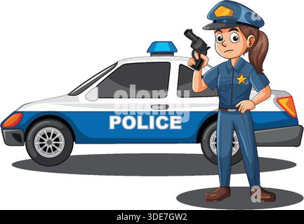 Cartoon weibliche Polizistin mit Pistole, stehend neben Polizeiauto, flache Vektor-Illustration Stil Stock Vektor