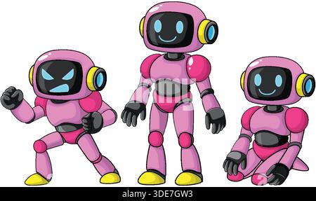 Vektorillustration von rosa Robotern, die glückliche, wütende und neutrale Gesichter in dynamischen Posen zeigen Stock Vektor