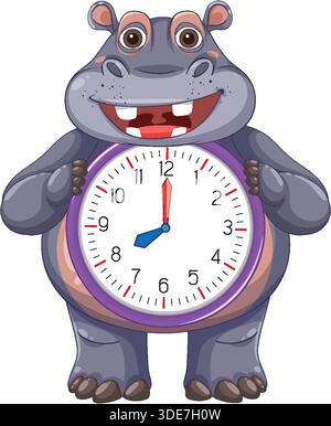 Lächelndes Zeichentrick-Hippo, das eine bunte analoge Uhr hält, helle Vektorillustration auf weißem Hintergrund. Stock Vektor