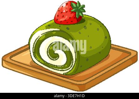 Vektor-Illustration eines Matcha schweizer Rollkuchen auf einem Holztablett mit weißem Hintergrund Stock Vektor
