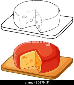 Eine farbige und lineare Version eines Käserads auf einem Holzbrett Stock Vektor