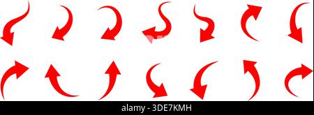 Rote, gekrümmte Pfeilsymbole. Minimale Vektorpfeile für Richtung, Bewegung und Infografik Stock Vektor