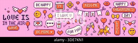 Pixel-Kunst Happy Valentine's Day Elemente. Niedliche Katze mit Ballon, Sprechblasen mit Liebesphrasen, Bogen und Pfeilen, Emoji auf rosa Hintergrund. Stock Vektor