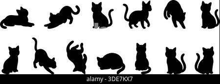 Schwarze Silhouetten von Karikaturkatzen in verschiedenen Posen. Minimale Vektor-Clipart-Sammlung Stock Vektor