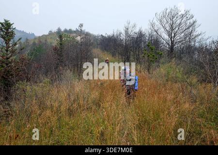WUHAN, CHINA - 31. OKTOBER 2014: Rückansicht von Wanderern mit großen Rucksäcken auf unterschiedlichem Gelände. Die Bilder zeigen Trekking auf felsigen Schotterwegen, Stockfoto