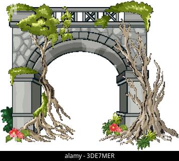 Der Torbogen aus Zeichentrickstein ist von verdrehten Bäumen, grünem Laub und Blumen auf weißem Hintergrund überzogen Stock Vektor