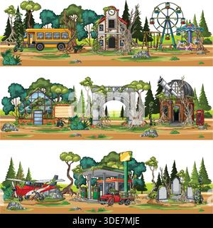 Cartoon-Vektorlandschaft mit verwachsenen verlassenen Parks, Stadtstrukturen und Fahrzeugen im Wald Stock Vektor