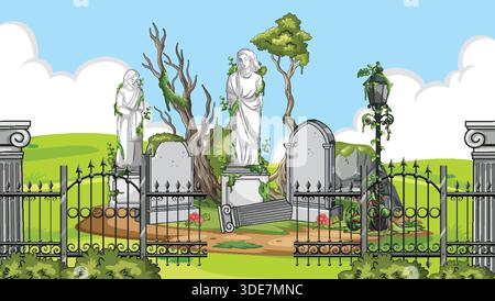 Vektor-Illustration des vernachlässigten Friedhofs mit Engelstatuen, gebrochenen Grabsteinen, schmiedeeisernen Zaun, helles Tageslicht Stock Vektor