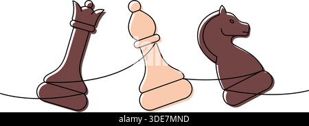 Lineare, minimalistische Kontur von Schachfiguren einer Königin, eines Bischofs und eines Ritters, die auf einer Linie ausgerichtet sind, Konturkunst der Strategie und Vielseitigkeit Stock Vektor