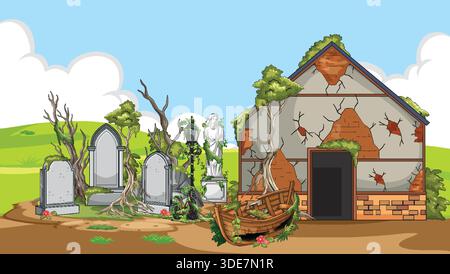 Cartoonvektor von bewachsenem Friedhof und zerrissenem Haus unter hellem Tageslicht, detaillierter flacher Stil Stock Vektor