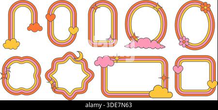Rainbow Retro-Rahmen. Funky geometrische Ränder für Foto und Bild. Groovige, niedliche gestreifte Formen. Abstrakte mädchenhafte Dekorationselemente für trendiges Design Stock Vektor