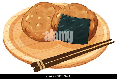 Zwei Reiscracker mit Algen und Essstäbchen auf runder Holzplatte, Vektor-Illustration Stil Stock Vektor