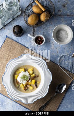 Schüssel mit traditioneller tschechischer Suppenkulajda mit Kartoffeln, Pilzen, Dill und einem pochierten Ei Stockfoto