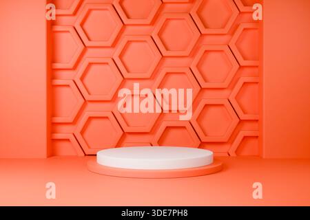 Orangefarbene sechseckige Wand mit weißem Sockel. Stockfoto