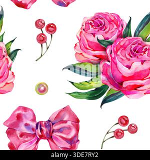 Nahtloses Aquarellmuster mit süßen Kuchenscheiben, Perlen, Beeren und fließenden roten Bändern. Verspieltes handgemaltes Design für Backwarenverpackungen Stockfoto