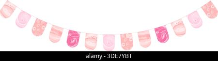 Niedliche pinkfarbene Wimpelgirlande mit Aquarelltextur, die in geschwungener Linie für Babyparty Feier Einladung Border Kids Event isoliert hängt Stock Vektor