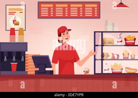 Fastfood-Innenraum. Café mit Mülleimer Pizza Burger kalte Getränke Snacks exakter Vektor Karikaturhintergrund Stock Vektor