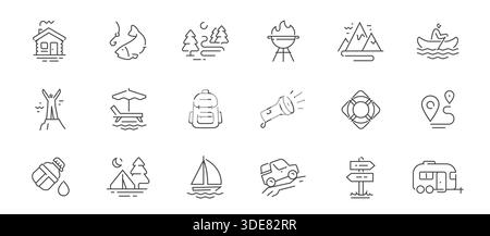 Outdoor-Aktivitäten Set mit Symbolen im Linienstil. Linear Symbols für das Sommercamp. Camping- und Wanderkonzept Stock Vektor