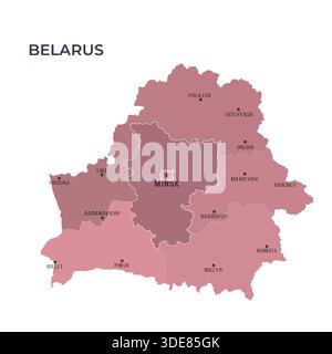 Karte von BELARUS mit Regionen Grenzen und berühmten Städten Stock Vektor