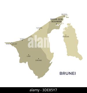 Karte von BRUNEI mit Regionen Grenzen und berühmten Städten Stock Vektor