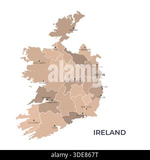 Karte von IRLAND mit Regionen Grenzen und berühmten Städten Stock Vektor