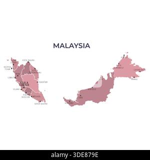 Karte von MALAYSIA mit Regionen Grenzen und berühmten Städten Stock Vektor