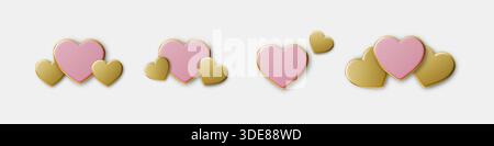 3D-Herz-Symbol-Set mit Rosa und Gold, perfekt für Valentinstag-Designs, romantische Grüße, Liebessymbole, Reaktionen in sozialen Medien und festliche Veranstaltungen Stock Vektor