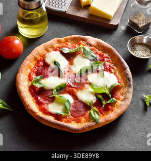 Pizza mit Mozzarella, Peperoni, Tomatensauce und Basilikum. Hausgemachte Pizza mit Tomaten, Käse, Wurst auf dunklem Hintergrund. Stockfoto