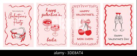 Valentinstag-Retro-Kartenset mit verspielten Designs. Galentiner-Party-Einladungen, Cocktailgläser, Kirschen mit Bögen. Niedliche Liebespostkarten für Stock Vektor