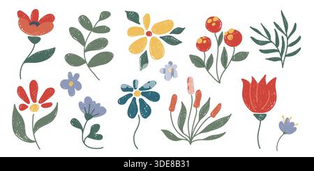 Buntstift-Kritzelblüten isoliert auf weiß gesetzt. Vektor-Illustration der netten Hand gezeichneten Pastellpflanzen, hellen Farbe Blumen Design, botanischer Garten oder Wildblumenfeld Elemente, Grußkarte Dekoration Stock Vektor