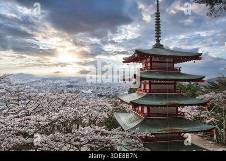Fujiyoshida, Japan, 12/04/2016 Beschreibung: Chureito-Pagode mit Kirschblüten bei Sonnenuntergang in Fujiyoshida. Stockfoto
