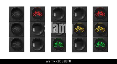 Fahrradampel isoliert auf weiß. Vektor-realistische Illustration von Straßenschildern mit roten, gelben, grünen LED-Fahrradsymbolen für sicheres Radfahren, Straßensicherheitsausrüstung, städtische Warnleuchte Stock Vektor