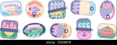 Cartoon Sardinen in Dosen. Fischkonserven, Retro-Pakete für Meeresfrüchte. Sprotten, Meeresprodukte in verschiedenen Dosen. Frische Sardine zur Ernährung, rassiges Vektorset Stock Vektor
