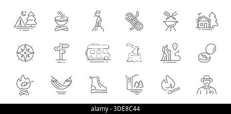 Camping und Wandern Set von Ikonen im Stil der Linie. Konzept für Outdoor-Aktivitäten. Linear Symbols für das Sommercamp Stock Vektor