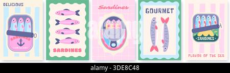 Retro-Poster für Sardinen. Fischkonserven, Meeresfrüchte in Dosen im Retro-Design. Italienische Restaurantdekoration, Banner für Café, Bar, Küche, rassige Vektor Stock Vektor