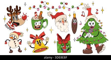 Groovige Retro-Xmas-Zeichentrickfigur mit lustigen Weihnachtsmaskottchen - ausdrucksstarkes Rentier und Weihnachtsmann, Schneemann und Weihnachtsbaum, Geschenkbox und Kaffeetasse. Verspielte Elemente für festliches Design. Stock Vektor