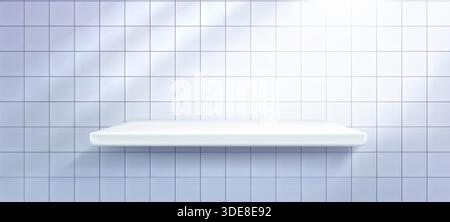 Leeres Badezimmerregal auf gefliestem Wandhintergrund mit hellen Schatten. Vektor-realistische Illustration von Dusche oder Küche Produktpräsentation Podium, Kunststoff oder Keramik Zubehör für Wohnraumgestaltung Stock Vektor