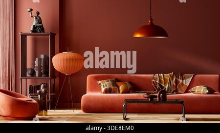 Auffallende, konzeptionelle Wohnzimmereinrichtung mit Terrakottafarben, skulpturalem Sofa und abstrakter Wandkunst. Warme Beleuchtung sorgt für einen stilvollen, modernen und artis-stil Stockfoto