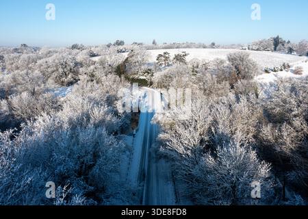 Saint Fiacre, Frankreich. Januar 2026. © PHOTOPQR/OUEST FRANCE/Franck Dubray ; Saint-Fiacre ; 06/01/2026 ; La Loire-Atantique a été placée en Vigilance orange par météo France comme 23 Départements en France pour des chutes de neige et verglas sur les Routes. La neige dans le vignoble nantais avec les vignes gelées à Saint-Fiacre (Foto Franck Dubray) Schneefälle in Frankreich, am 6. januar 2026 *** Lokaler Bildtitel *** Credit: MAXPPP/Alamy Live News Stockfoto