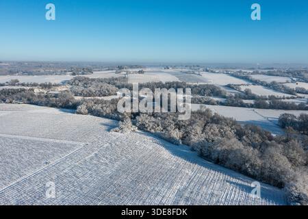 Saint Fiacre, Frankreich. Januar 2026. © PHOTOPQR/OUEST FRANCE/Franck Dubray ; Saint-Fiacre ; 06/01/2026 ; La Loire-Atantique a été placée en Vigilance orange par météo France comme 23 Départements en France pour des chutes de neige et verglas sur les Routes. La neige dans le vignoble nantais avec les vignes gelées à Saint-Fiacre (Foto Franck Dubray) Schneefälle in Frankreich, am 6. januar 2026 *** Lokaler Bildtitel *** Credit: MAXPPP/Alamy Live News Stockfoto