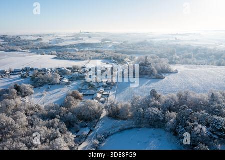 Saint Fiacre, Frankreich. Januar 2026. © PHOTOPQR/OUEST FRANCE/Franck Dubray ; Saint-Fiacre ; 06/01/2026 ; La Loire-Atantique a été placée en Vigilance orange par météo France comme 23 Départements en France pour des chutes de neige et verglas sur les Routes. La neige dans le vignoble nantais avec les vignes gelées à Saint-Fiacre (Foto Franck Dubray) Schneefälle in Frankreich, am 6. januar 2026 *** Lokaler Bildtitel *** Credit: MAXPPP/Alamy Live News Stockfoto